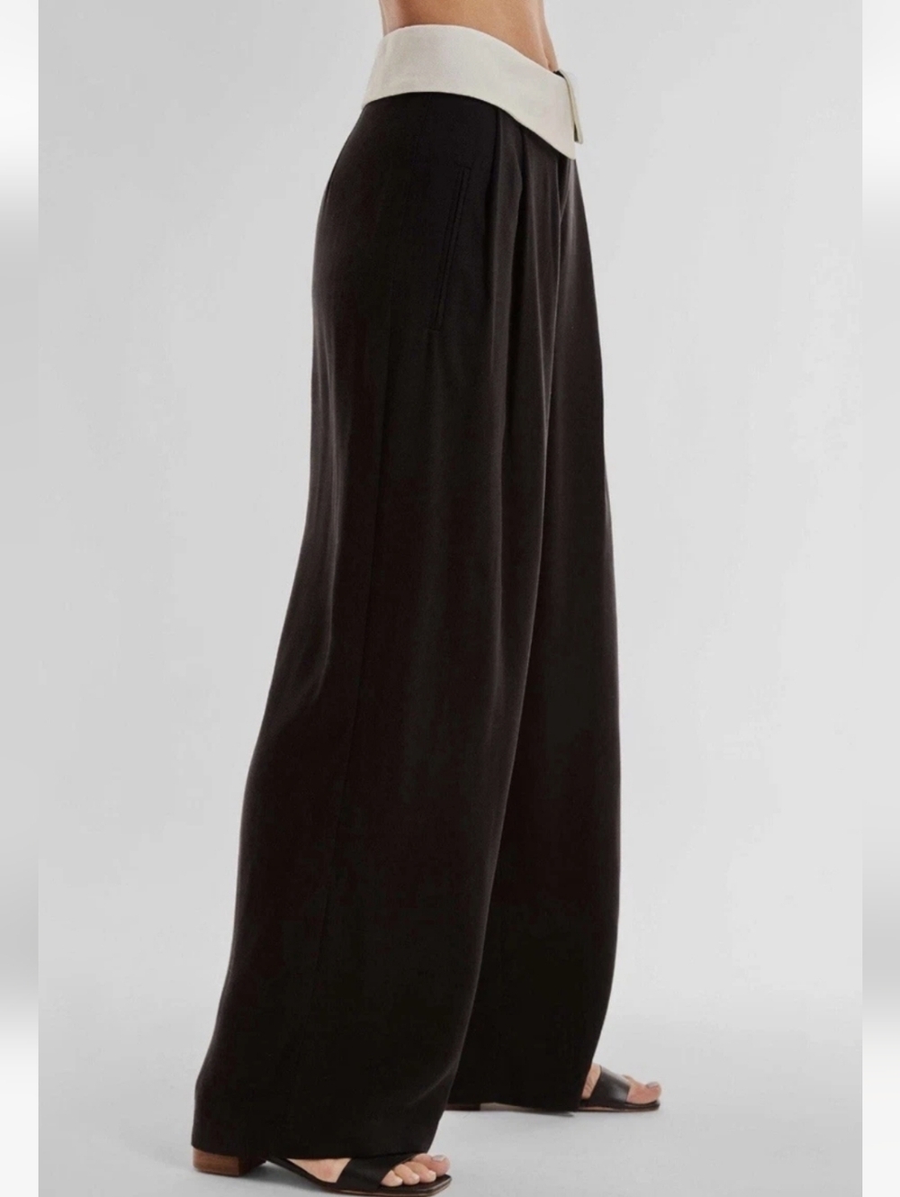 NWT Noli Womens Soho Foldover Wide Leg Black Trouser Pants Contrast Waistband 14 - Picture 4 of 13
